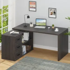 L Shaped 360 Rotating Computer Desk with 3 Drawers, Dark Gray Oak_01