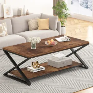 X Shaped Leg Coffee Table with Shelf, Rustic Brown, 47 Inch_01