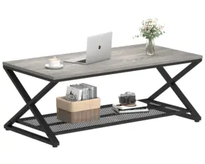 X Shaped Leg 2 Tier Coffee Table, Light Grey Oak, 47 Inch_01