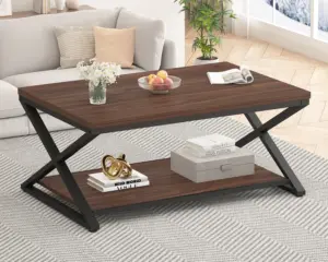 X Shaped Leg Coffee Table with Shelf, Walnut, 39 Inch_01