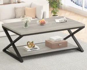 X Shaped Leg Coffee Table with Shelf, Light Grey Oak, 47 Inch_01