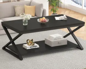 X Shaped Leg Coffee Table with Shelf, Black Oak, 47 Inch_01
