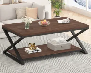 X Shaped Leg Coffee Table with Shelf, Walnut, 47 Inch_01