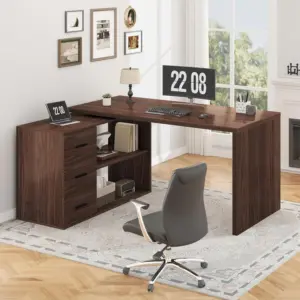 L Shaped 360 Rotating Computer Desk with 3 Drawers, Walnut_01