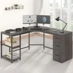 L Shape Desk with Drawers and Storage Shelf, Dark Gray Oak_01
