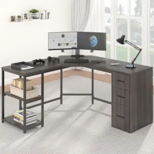 L Shape Desk with Drawers and Storage Shelf, Dark Gray Oak_01