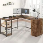 L Shape Desk with Drawers and Storage Shelf, Rustic Brown_01