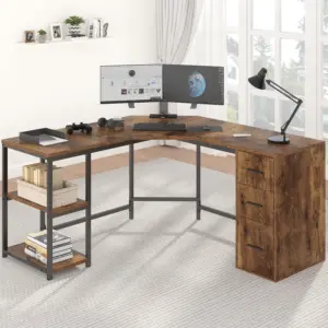 L Shape Desk with Drawers and Storage Shelf, Rustic Brown_01