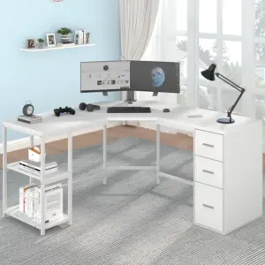 L Shape Desk with Drawers and Storage Shelf, White Oak_01