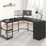 L Shape Desk with Drawers and Storage Shelf, Black Oak_01