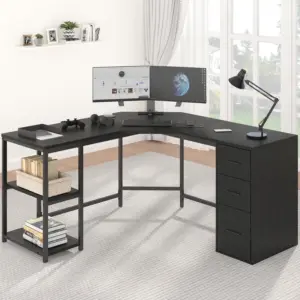 L Shape Desk with Drawers and Storage Shelf, Black Oak_01