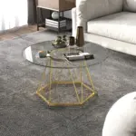 Round Glass Coffee Table with Golden Hexagonal Metal Base_01