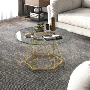 Round Glass Coffee Table with Golden Hexagonal Metal Base_01