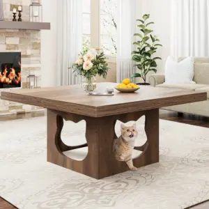 Square Coffee Table with Cat House Cushion, Rustic Oak_01