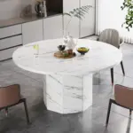 Round Dining Table with Octagon Base, White Faux Marble, 47.0 Inch