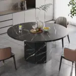 Round Dining Table with Octagon Base, Black Faux Marble, 47.0 Inch