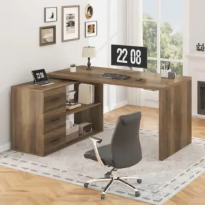 L Shaped 360 Rotating Computer Desk with 3 Drawers, Rustic Oak_01