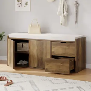 Entryway Bench with Padded Cushioned Seat, Rustic Oak