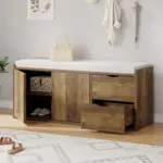 Entryway Bench with Padded Cushioned Seat, Rustic Oak 05