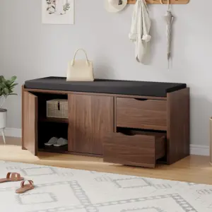 Entryway Bench with Padded Cushioned Seat, Walnut