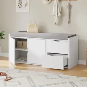 Entryway Bench with Padded Cushioned Seat, White Oak 01.01.C