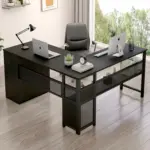 L Shaped Desk with File Cabinets, Black Oak_01