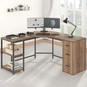 L Shape Desk with Drawers and Storage Shelf, Rustic Oak_01