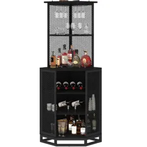 Corner Bar Cabinet with Adjustble Shelf Storage, Black Oak_01