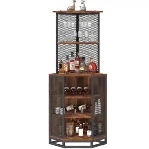 Corner Bar Cabinet with Adjustble Shelf Storage, Rustic Brown_01