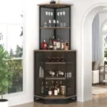 Corner Bar Cabinet with Adjustble Shelf Storage, Rustic Oak_01