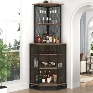 Corner Bar Cabinet with Adjustble Shelf Storage, Rustic Oak_01