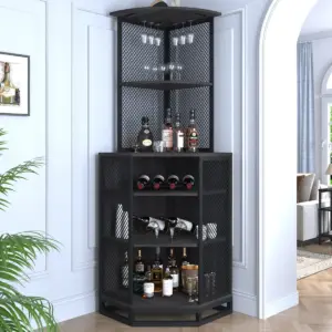 Corner Bar Cabinet with Adjustble Shelf Storage, Dark Gray Oak_01