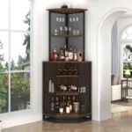 Corner Bar Cabinet with Adjustble Shelf Storage, Walnut_01