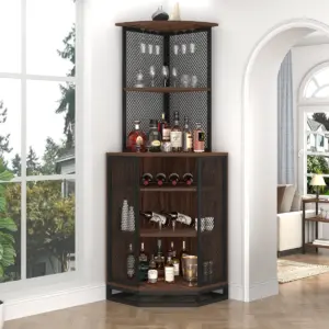 Corner Bar Cabinet with Adjustble Shelf Storage, Walnut_01