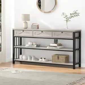 Sofa Table with 3 Drawers, Light Grey Oak_01