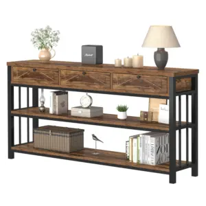 Sofa Table with 3 Drawers, Rustic Brown_01