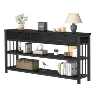 Sofa Table with 3 Drawers, Black Oak_01