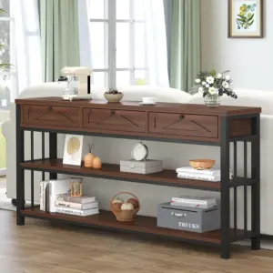 Sofa Table with 3 Drawers, Walnut_01