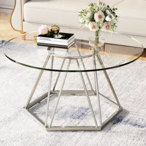 Round Glass Coffee Table with Silver Hexagonal Metal Base_01