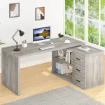 L Shaped 360 Rotating Computer Desk with 3 Drawers, Light Grey Oak_02