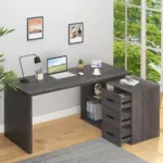 L Shaped 360 Rotating Computer Desk with 3 Drawers, Dark Gray Oak_02