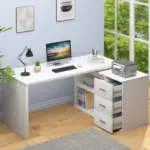 L Shaped 360 Rotating Computer Desk with 3 Drawers, White Oak_02