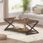 X Shaped Leg Coffee Table with Shelf, Rustic Brown, 47 Inch_02