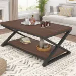 X Shaped Leg Coffee Table with Shelf, Walnut, 39 Inch_02