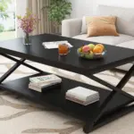 X Shaped Leg Coffee Table with Shelf, Black Oak, 47 Inch_02