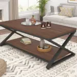 X Shaped Leg Coffee Table with Shelf, Walnut, 47 Inch_02