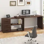 L Shaped 360 Rotating Computer Desk with 3 Drawers, Walnut_02