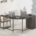 L Shape Desk with Drawers and Storage Shelf, Dark Gray Oak_02