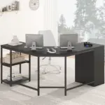 L Shape Desk with Drawers and Storage Shelf, Black Oak_02