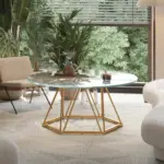 Round Glass Coffee Table with Golden Hexagonal Metal Base_02